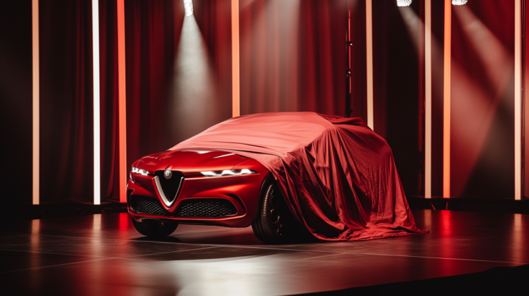 Une Alfa Romeo cachée sous une couverture lors d'une présentation