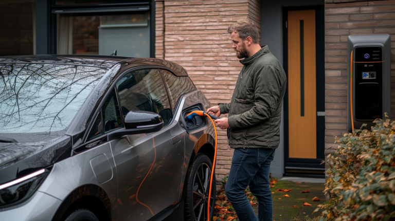 Un homme qui recharge sa voiture électrique devant sa maison