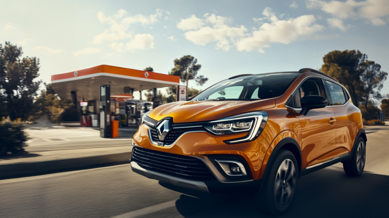 Une Renault Captur passant devant une station service