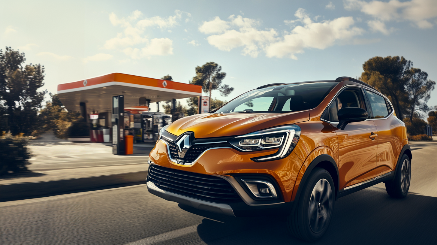 Une Renault Captur passant devant une station service