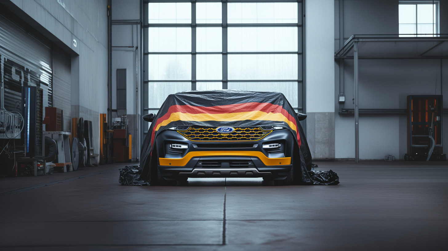Ford Explorer sous une bache avec un drapeau allemand