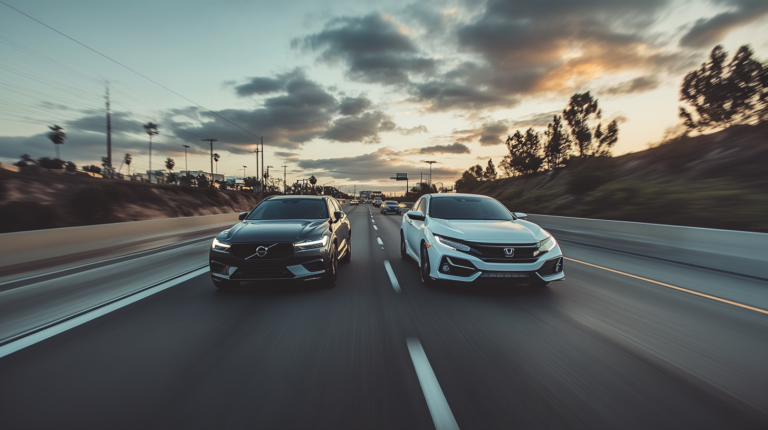 Deux voitures Honda et Volvo cote à cote sur l'autoroute