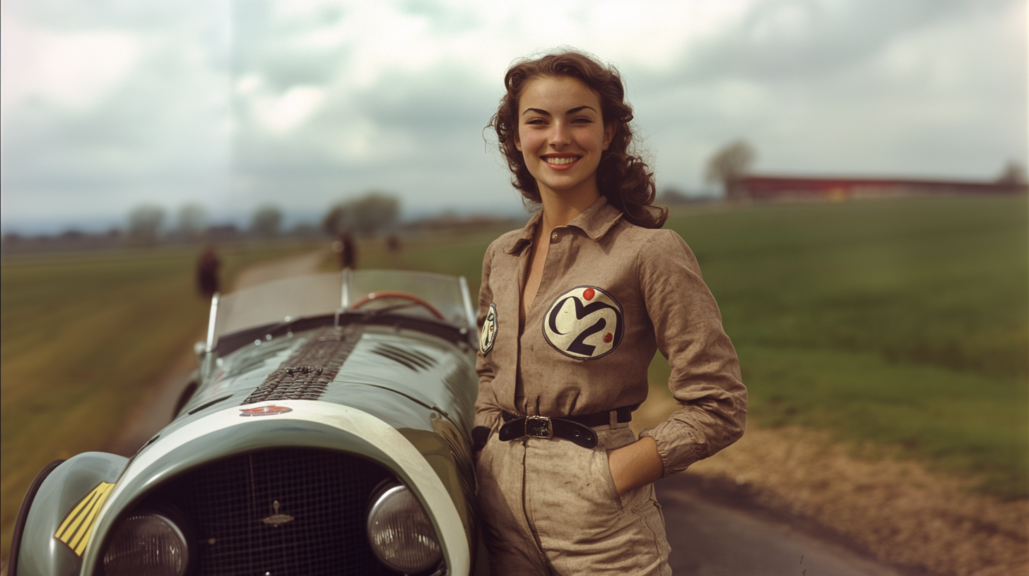 Simone accoudé à sa voiture de course