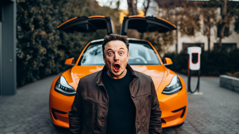 elon musk est choqué devant une voiture tesla orange