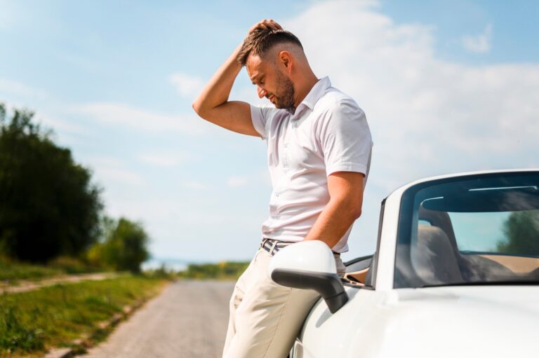 Un homme mécontent assis contre le capot de sa voiture