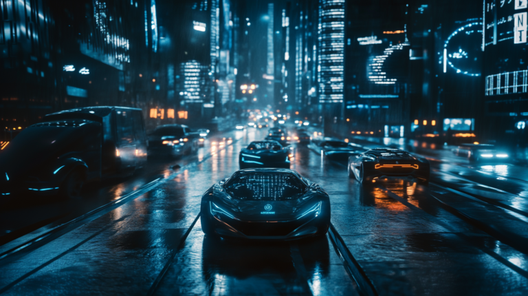 Ville du futur avec des voitures pilotées par l'intelligence artificielle