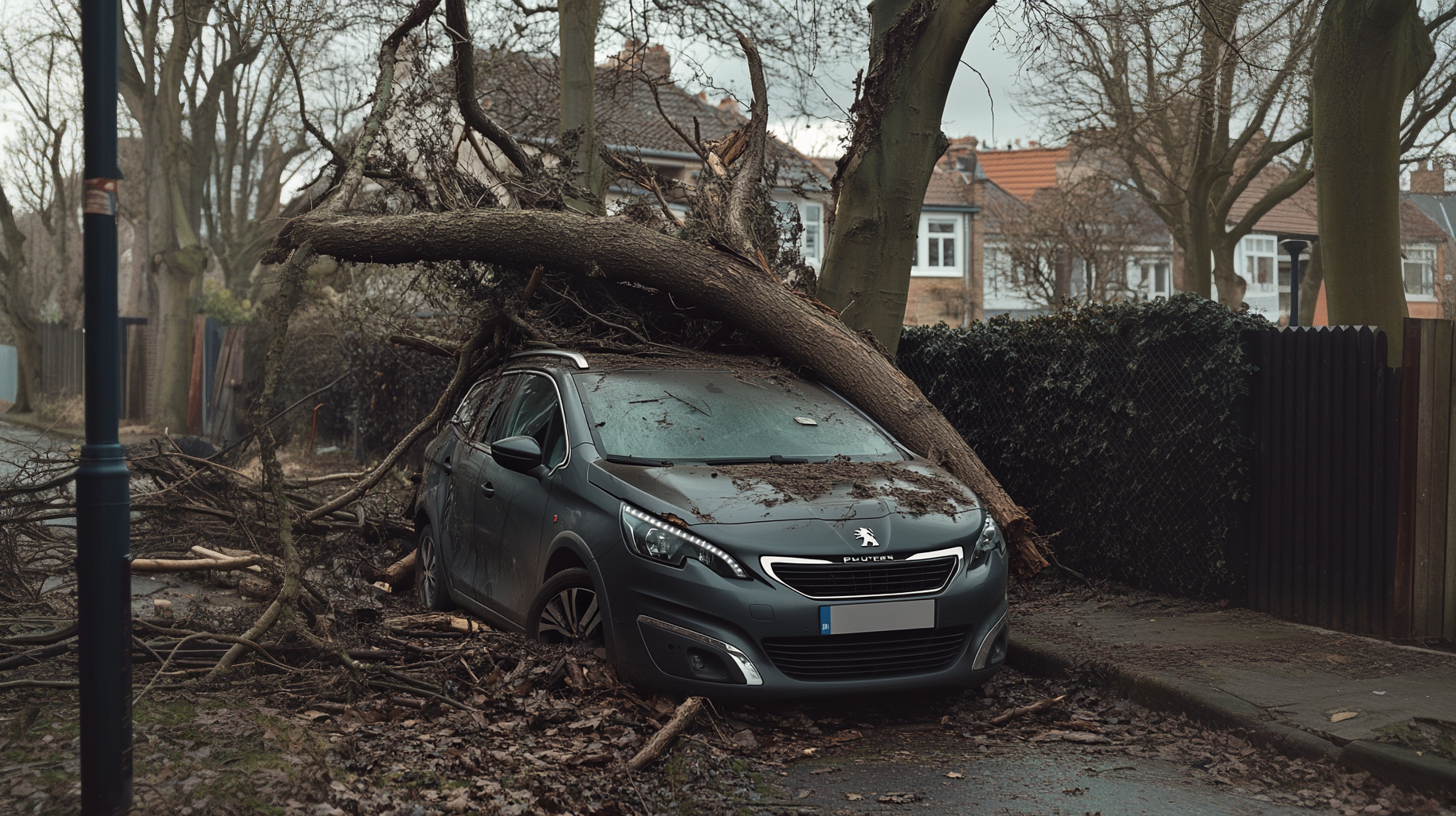Une Peugeot 2008 détruite par un arbre lors d'une tempête