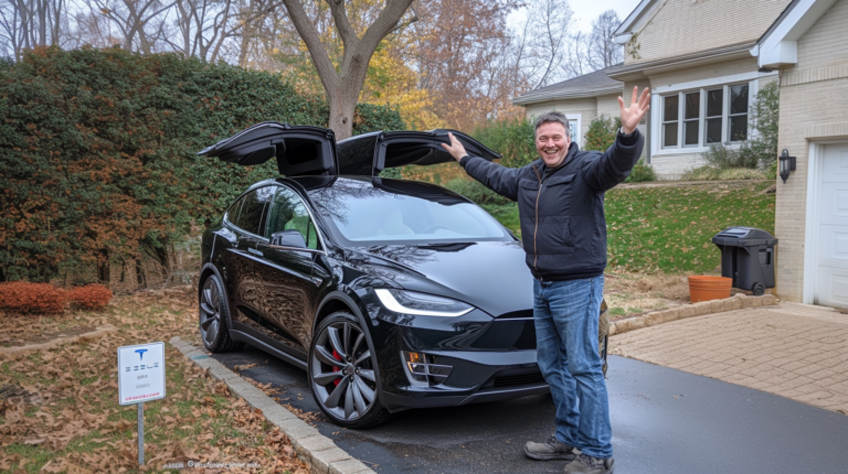 Un homme heureux devant sa voiture électrique