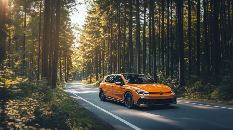 Une Golf 2025 sur une route de forêt