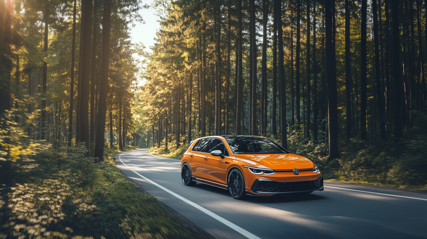 Une Golf 2025 sur une route de forêt